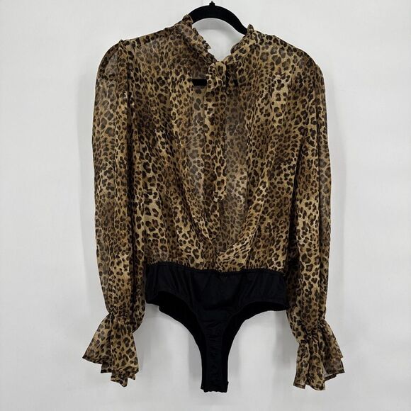 Missguided Leopard Print Bodysuit Thong Long Sleeve Open Back Women's Size 10 - Picture 4 of 9